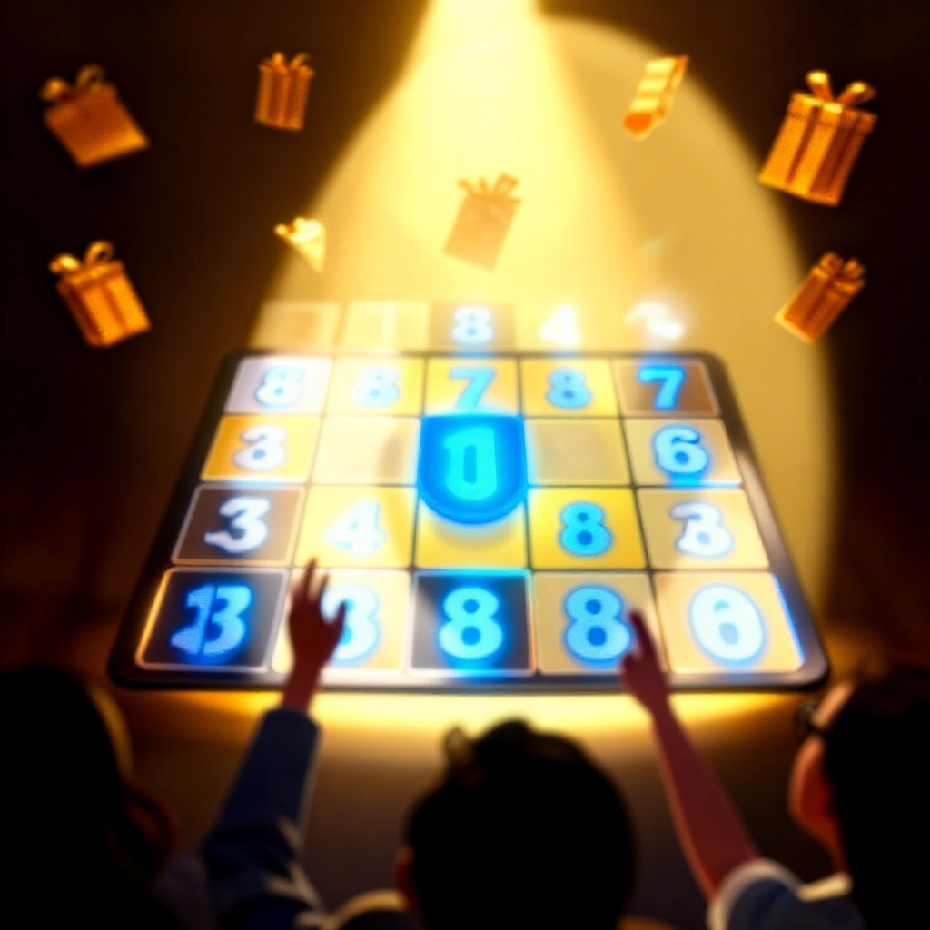 動感賓果板聚焦發光的藍色超級獎號,周圍歡呼人群與向上飄浮的金色獎金倍數