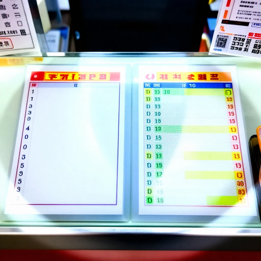 台灣運彩店櫃檯燈光明亮,展示兩張並排投注單,一張簡單直串關、一張詳細過關組合投注單,周圍散落彩色標記與螢光筆