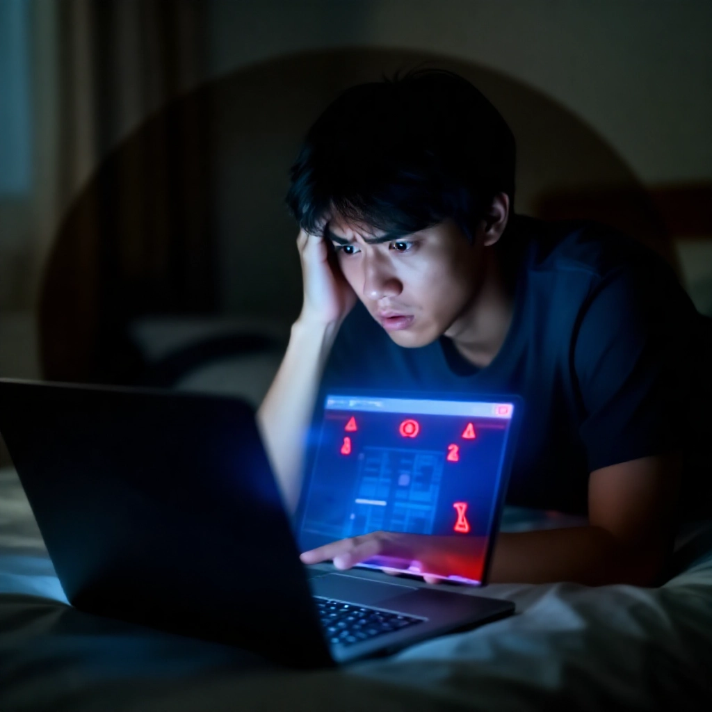 一名焦慮的年輕台灣男子在昏暗臥室盯著筆電螢幕,螢幕顯示閃爍的百家樂遊戲介面與紅色警告圖示及流失的金錢符號