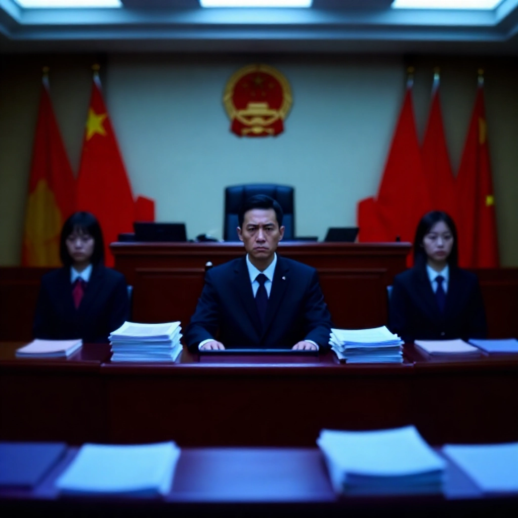 台灣法庭內部，嚴肅法官席上被告陳政谷穿西裝旁有律師，堆滿博弈洗錢文件，藍光照明眾人表情嚴肅，木椅與國旗背景