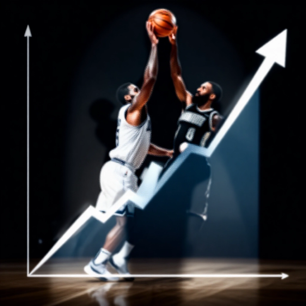 動態盤口走勢圖線上升下降伴隨銳利箭頭,黑暗背景疊加 NBA 球員聚光燈下激烈對抗