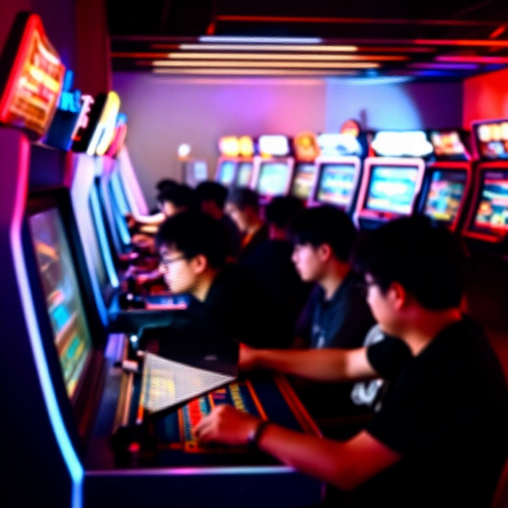 明亮霓虹燈照亮的台灣遊藝場,專注玩家圍繞光滑百家樂機台,機械發牌臂對比發光的智慧手機螢幕顯示線上百家樂介面