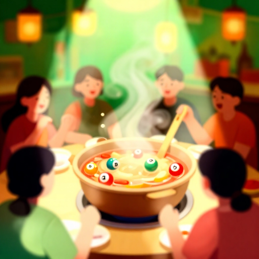 熱鬧火鍋插圖,彩色樂透號碼球如食材在沸騰湯底大鍋炒,興奮台灣投注者圍繞溫暖黃綠燈光夜市氛圍