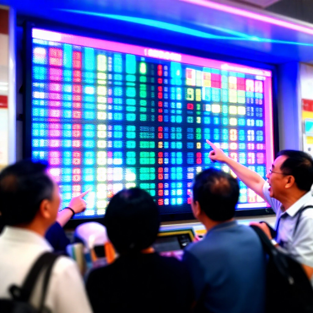 台灣樂透店內彩色螢幕顯示發光號碼圖案,中年玩家興奮指點討論,霓虹藍光照亮現場