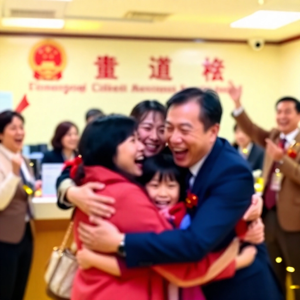 喜悅的台灣家庭在官方領獎辦公室慶祝中獎,興奮擁抱,金色彩帶與微笑員工,溫暖燈光充滿希望與勝利