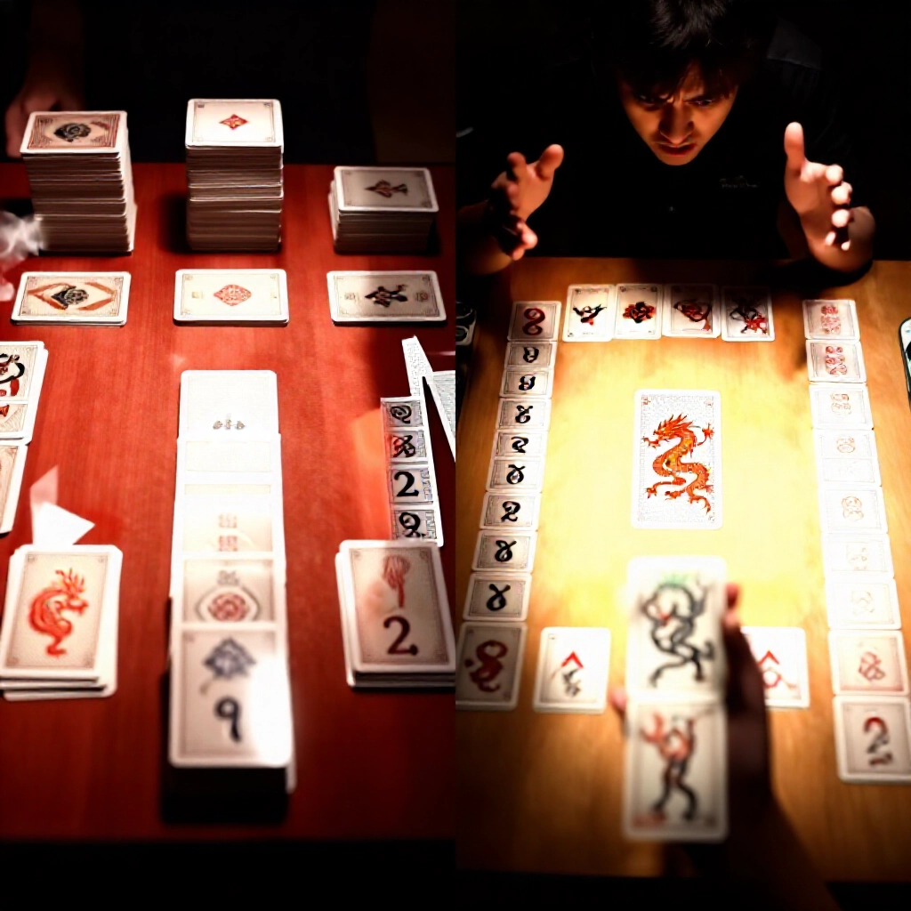 十三支遊戲正確擺牌與常見錯誤導致擺烏龍的戲劇性對比圖，左側昏暗燈光下正確牌堆，右側亮光聚焦失敗布局與沮喪玩家手勢
