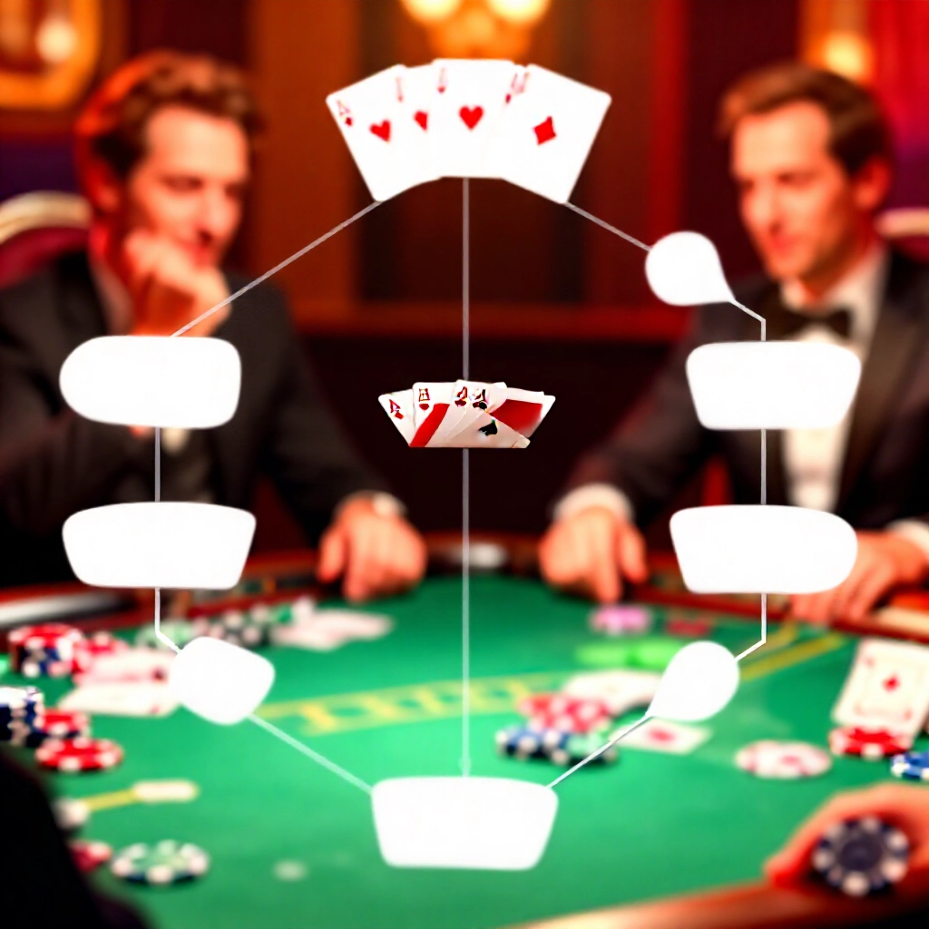 流程圖說明莊家五張牌對玩家Blackjack的優勢，分支出贏平路徑，撲克籌碼散落，溫暖賭場燈光下玩家專注表情