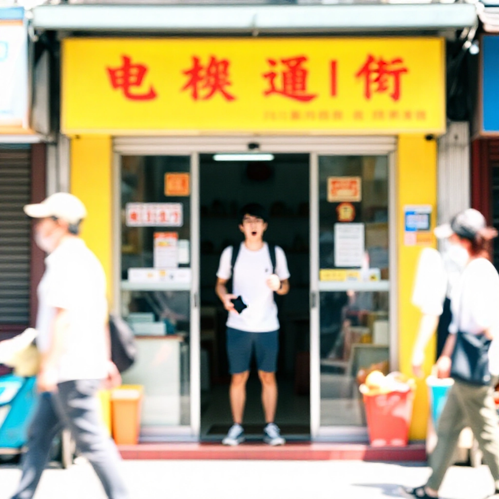 陽光普照下台灣街頭熱鬧景象,黃色招牌彩券行入口,年輕人手持錢包興奮猶豫站在門口,路人穿梭充滿都市活力氛圍