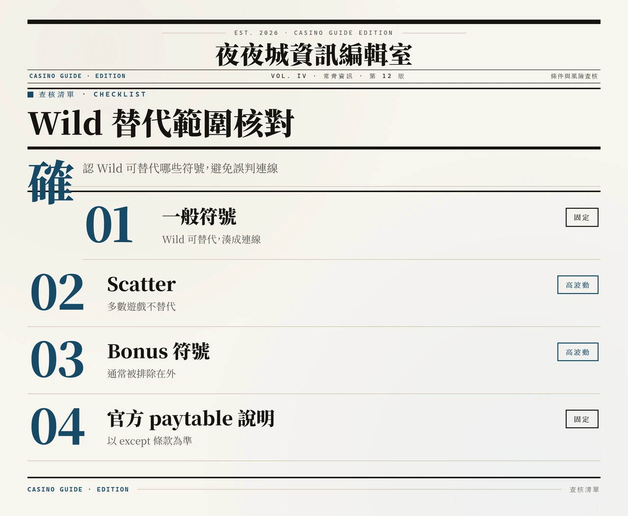 Wild 替代範圍核對清單,一般符號可替代,scatter 與 bonus 通常排除